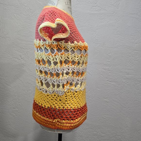 Handmade Crochet Multicolor Granny Square Knit Short Sleeve Shirt - Picture 7 of 10